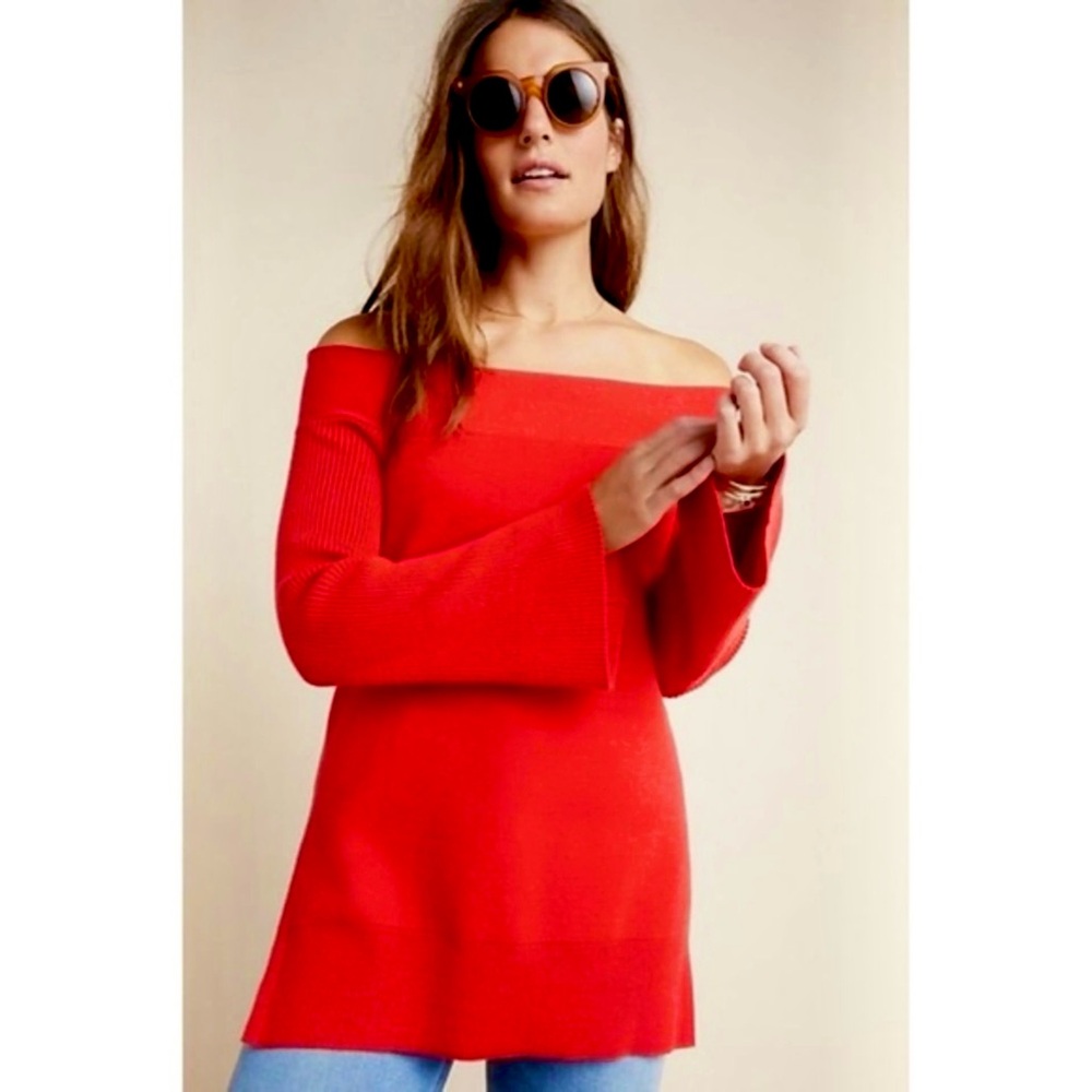 Anthropologie Off-the-Shoulder Red Knit Sweater